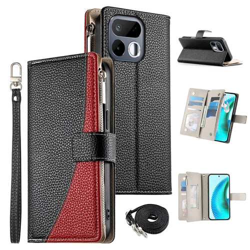 For Realme 16T 5G Leather Case Zipper Wallet Color Splicing Flip Phone Cover with Straps - Black - 1