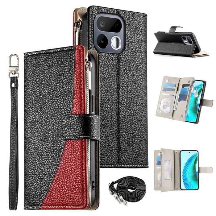 For Realme 16T 5G Leather Case Zipper Wallet Color Splicing Flip Phone Cover with Straps - Black - 1