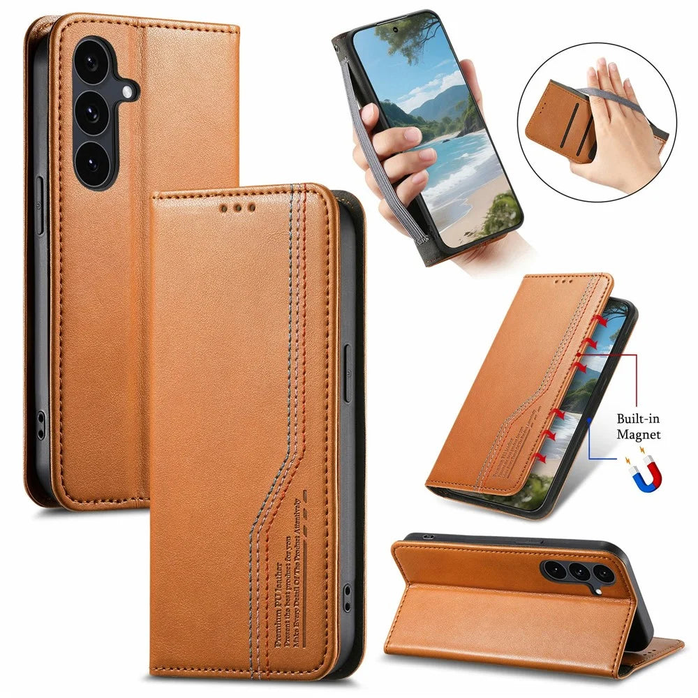 For Samsung Galaxy S26 FE Case Wallet Tri-Color Stitching Leather Phone Cover with Elastic Wristband - Brown - 1