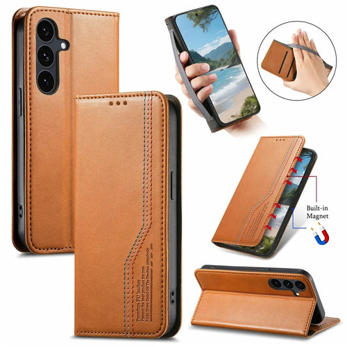 For Samsung Galaxy S26 FE Case Wallet Tri-Color Stitching Leather Phone Cover with Elastic Wristband - Brown - 1