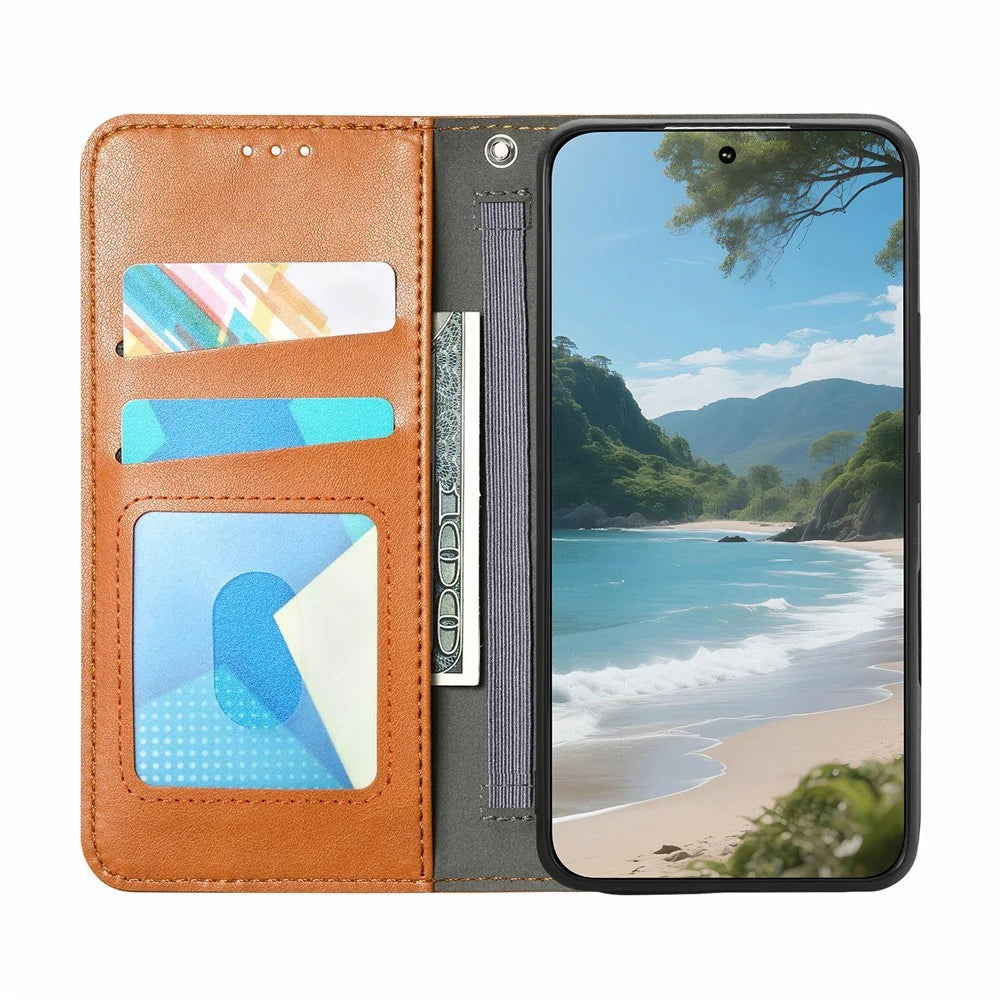 For Samsung Galaxy S26 FE Case Wallet Tri-Color Stitching Leather Phone Cover with Elastic Wristband - Brown - 2