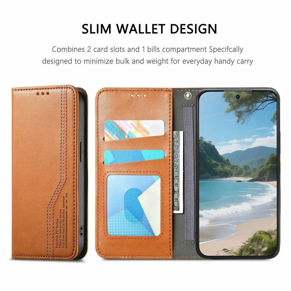 For Samsung Galaxy S26 FE Case Wallet Tri-Color Stitching Leather Phone Cover with Elastic Wristband - Brown - 6