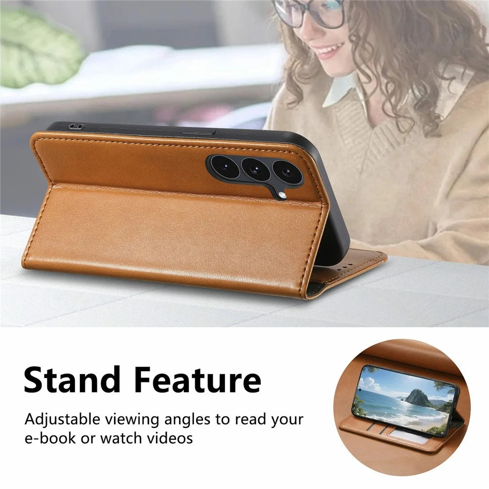 For Samsung Galaxy S26 FE Case Wallet Tri-Color Stitching Leather Phone Cover with Elastic Wristband - Brown - 7