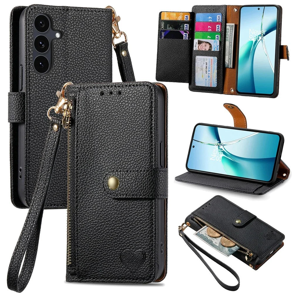 For Samsung Galaxy S26 FE Case RFID Blocking Zipper Pocket Leather Wallet Phone Cover with Strap - Black - 1