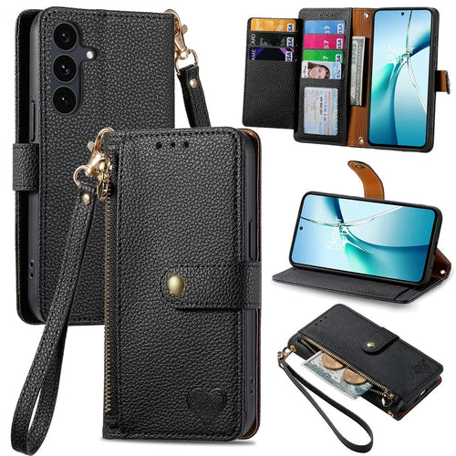 For Samsung Galaxy S26 FE Case RFID Blocking Zipper Pocket Leather Wallet Phone Cover with Strap - Black - 1