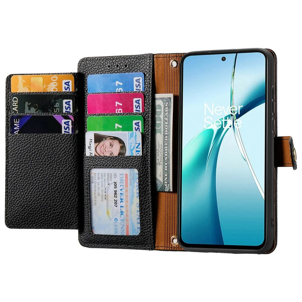 For Samsung Galaxy S26 FE Case RFID Blocking Zipper Pocket Leather Wallet Phone Cover with Strap - Black - 2