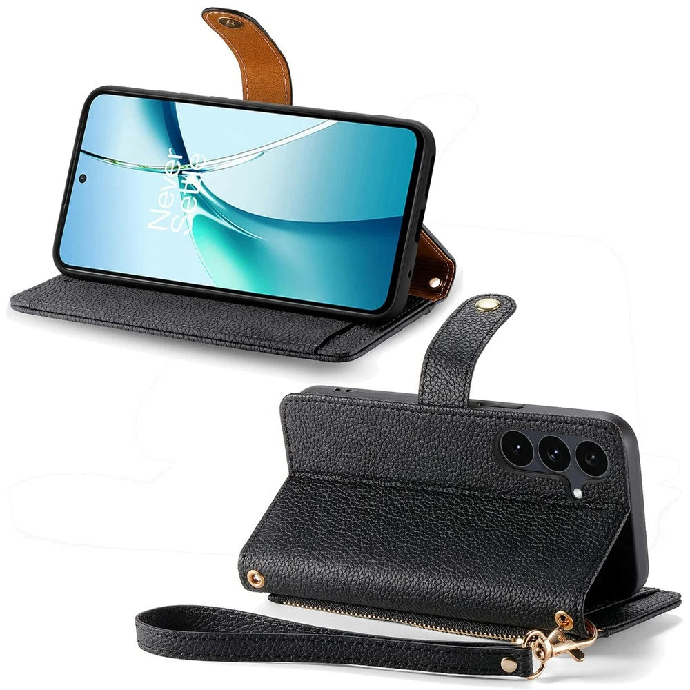 For Samsung Galaxy S26 FE Case RFID Blocking Zipper Pocket Leather Wallet Phone Cover with Strap - Black - 3