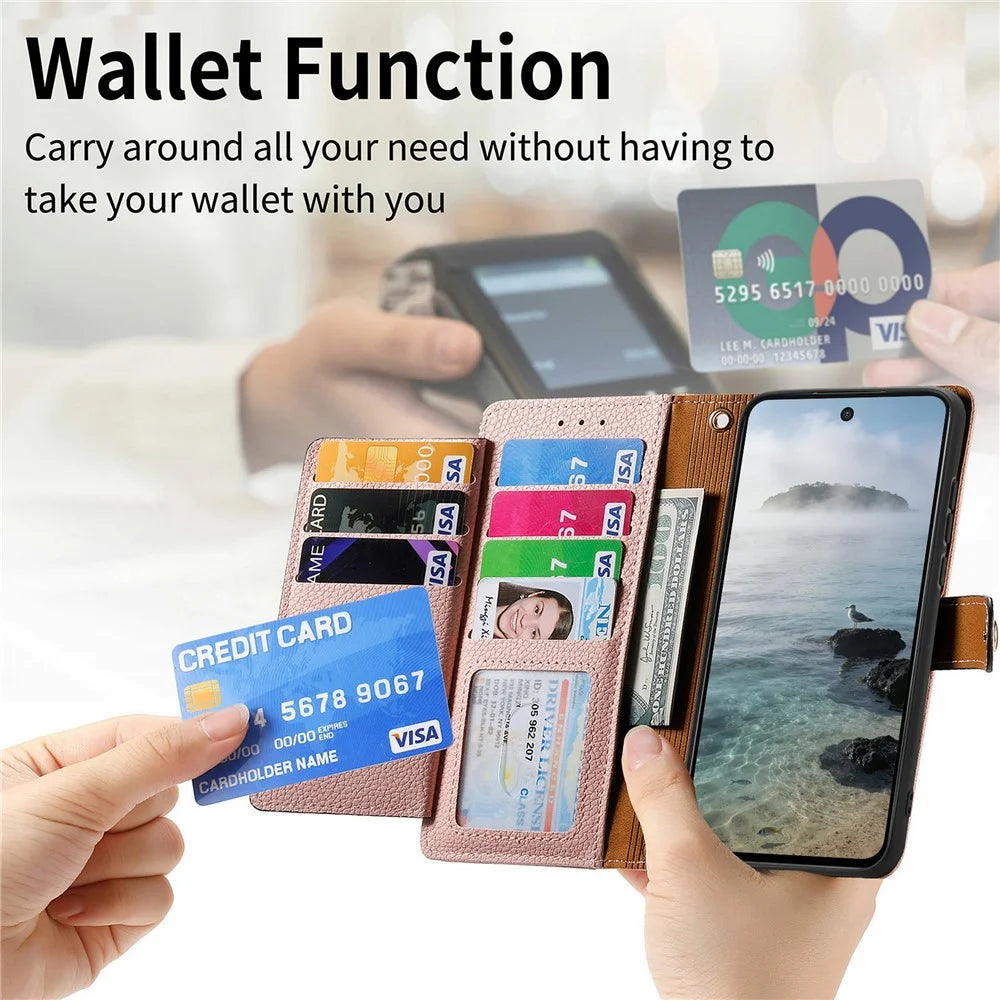 For Samsung Galaxy S26 FE Case RFID Blocking Zipper Pocket Leather Wallet Phone Cover with Strap - Black - 4