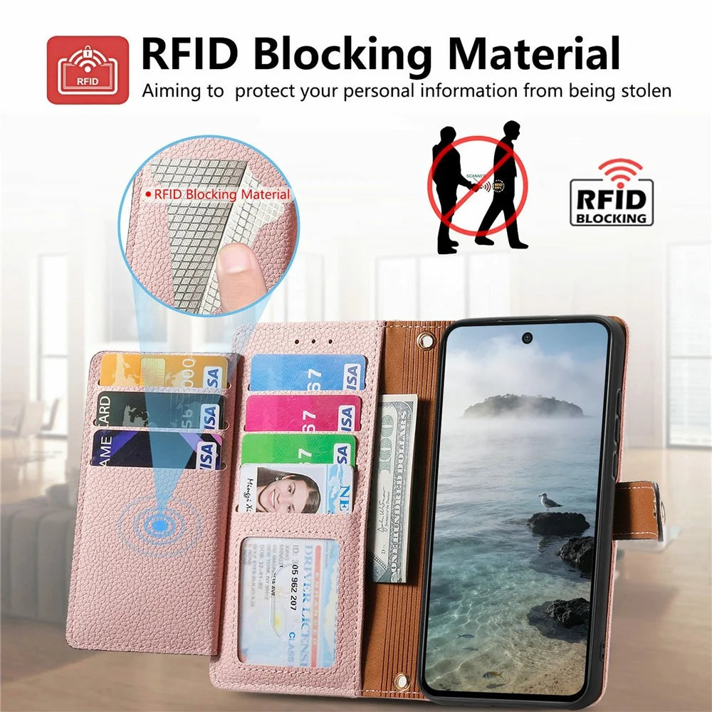 For Samsung Galaxy S26 FE Case RFID Blocking Zipper Pocket Leather Wallet Phone Cover with Strap - Black - 5