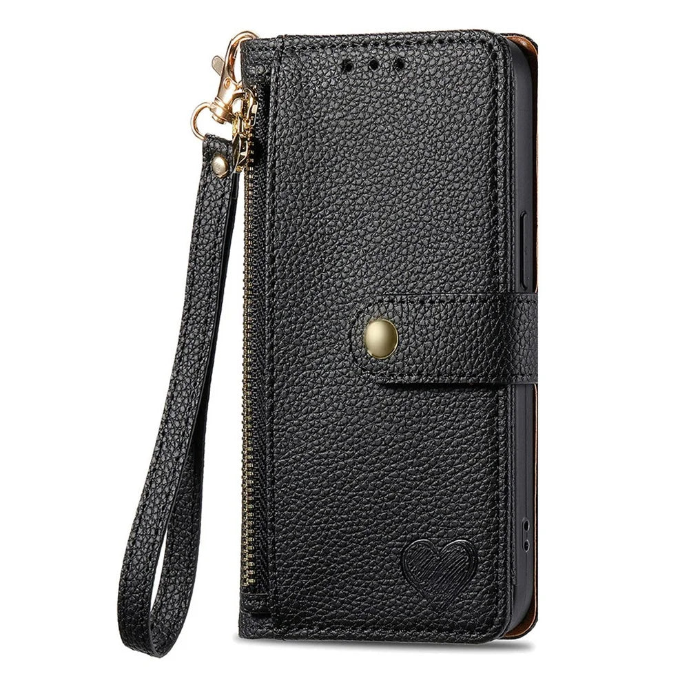 For Samsung Galaxy S26 FE Case RFID Blocking Zipper Pocket Leather Wallet Phone Cover with Strap - Black - 6
