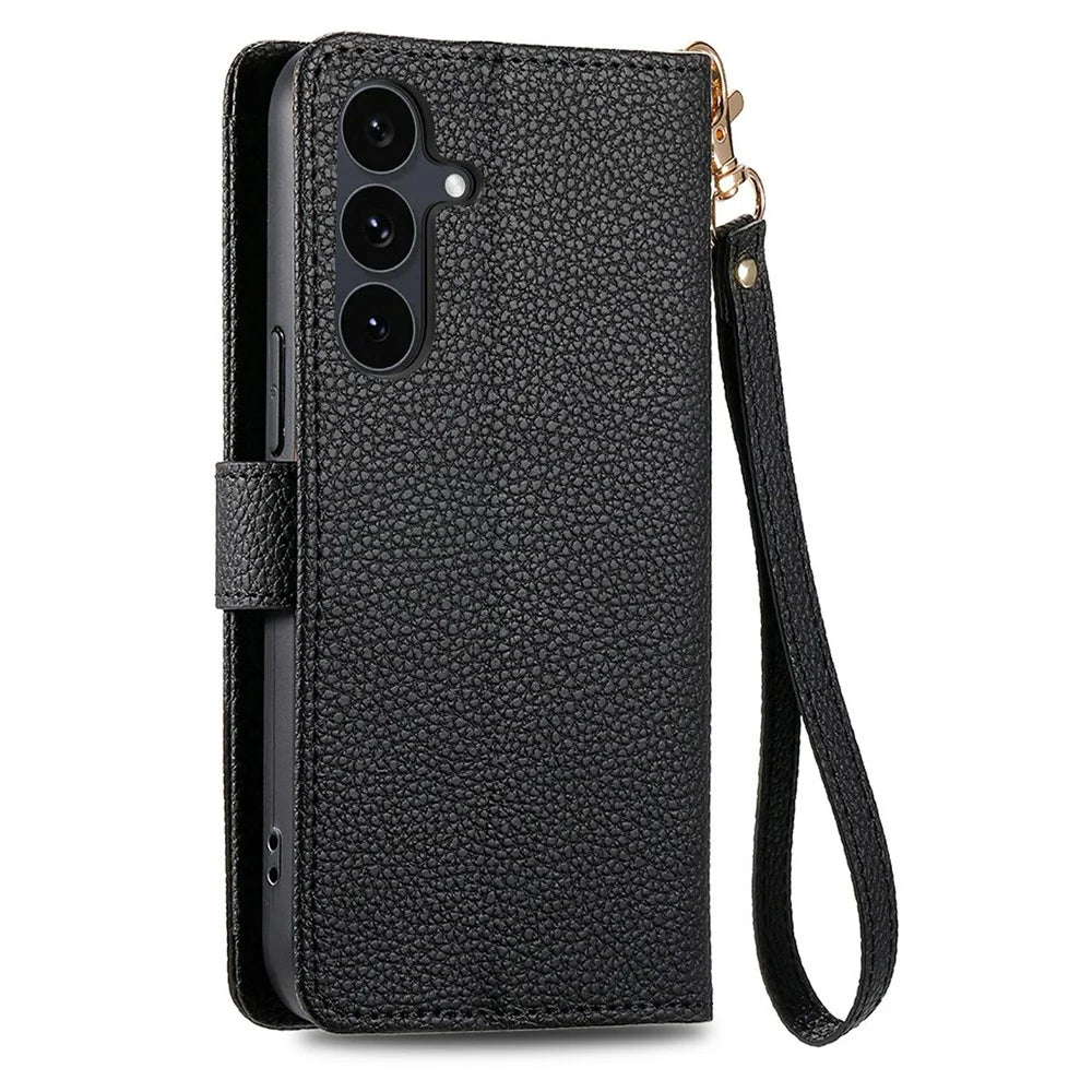 For Samsung Galaxy S26 FE Case RFID Blocking Zipper Pocket Leather Wallet Phone Cover with Strap - Black - 7