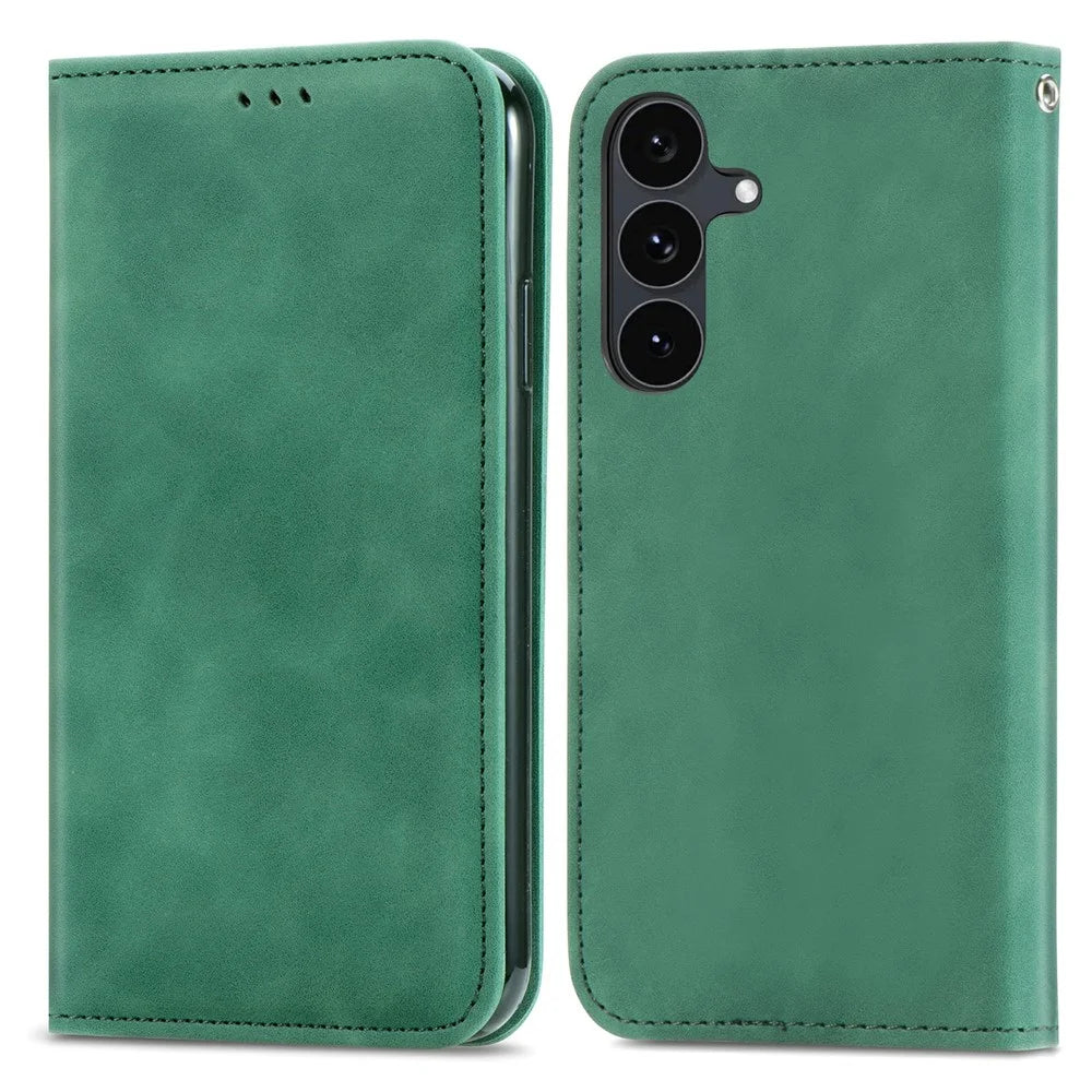 For Samsung Galaxy S26 FE Leather Case with Card Holder Magnetic Absorption Phone Cover - Green - 1
