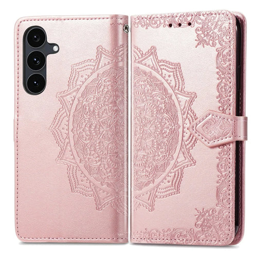 For Samsung Galaxy S26 FE Wallet Case Mandala Flower Leather Phone Cover Stand - Rose Gold - 1