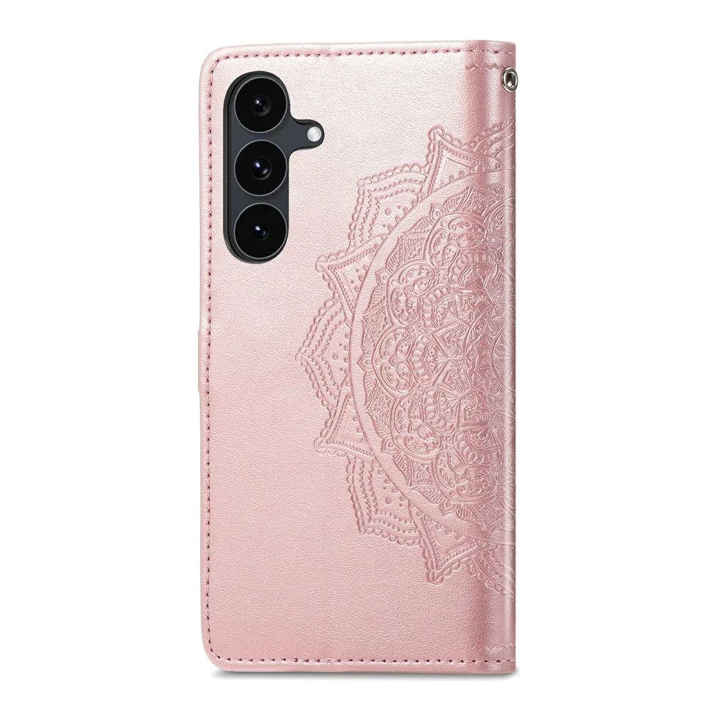 For Samsung Galaxy S26 FE Wallet Case Mandala Flower Leather Phone Cover Stand - Rose Gold - 6