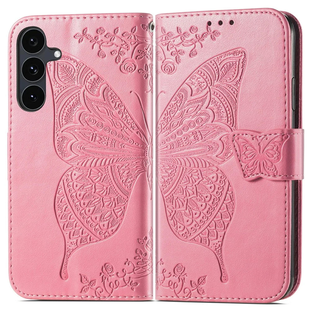 For Samsung Galaxy S26 FE Case with Strap Butterfly Pattern PU Leather Wallet Phone Cover - Pink - 1