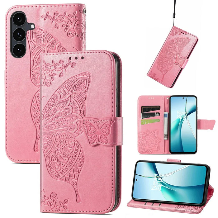 For Samsung Galaxy S26 FE Case with Strap Butterfly Pattern PU Leather Wallet Phone Cover - Pink - 4