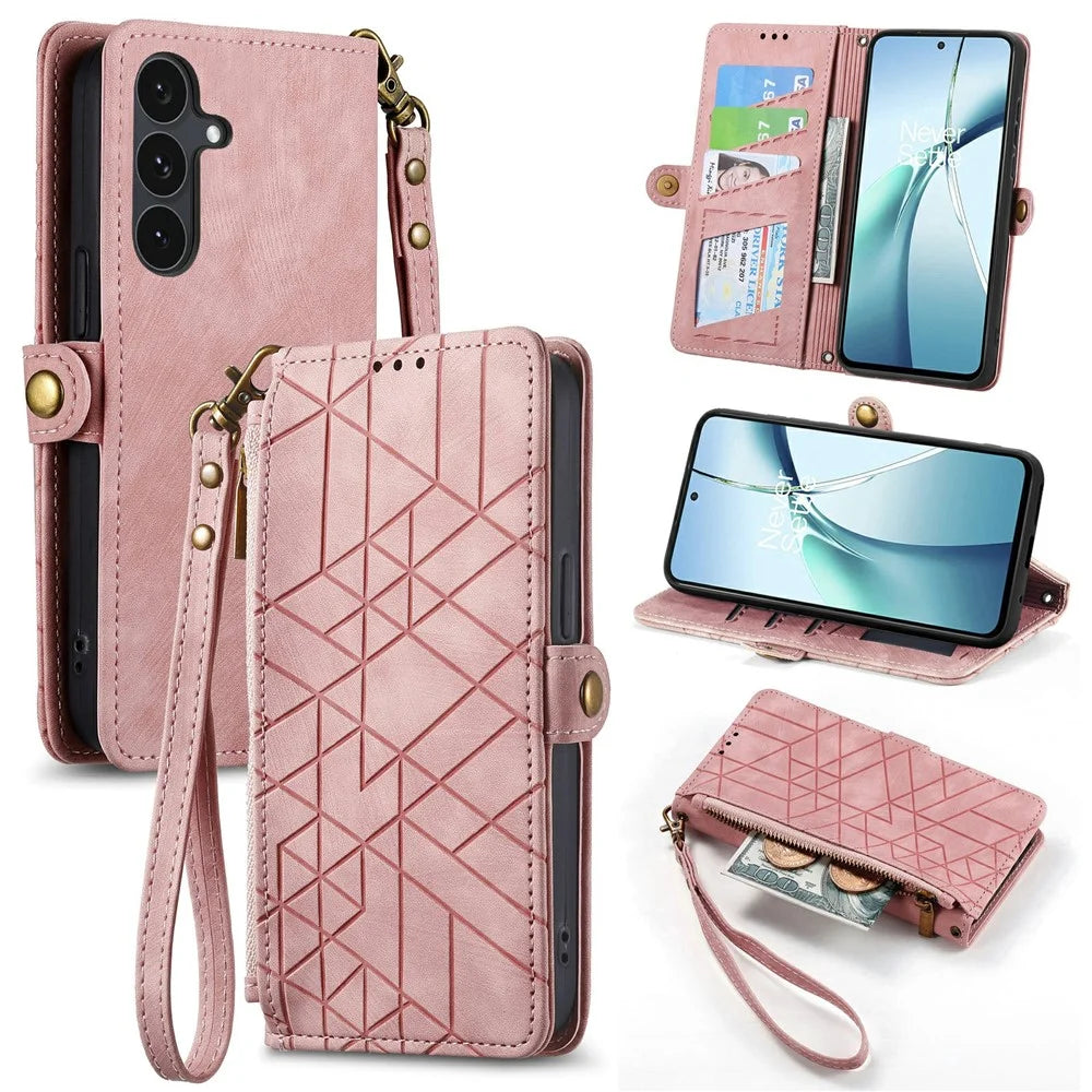 For Samsung Galaxy S26 FE Case Zipper Wallet Geometry Lines Leather Phone Cover with Strap - Pink - 1