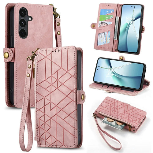 For Samsung Galaxy S26 FE Case Zipper Wallet Geometry Lines Leather Phone Cover with Strap - Pink - 1