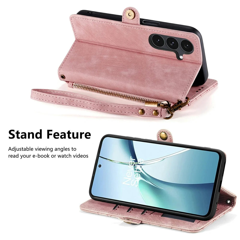 For Samsung Galaxy S26 FE Case Zipper Wallet Geometry Lines Leather Phone Cover with Strap - Pink - 3