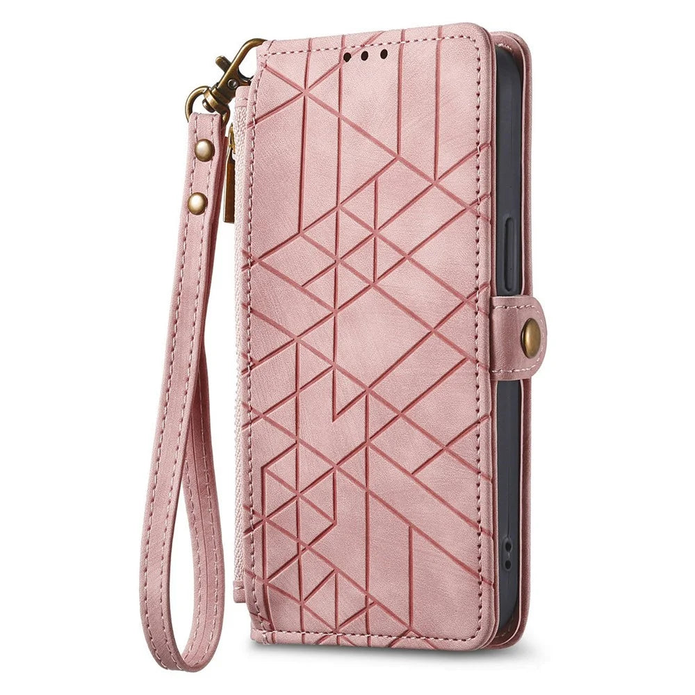 For Samsung Galaxy S26 FE Case Zipper Wallet Geometry Lines Leather Phone Cover with Strap - Pink - 6