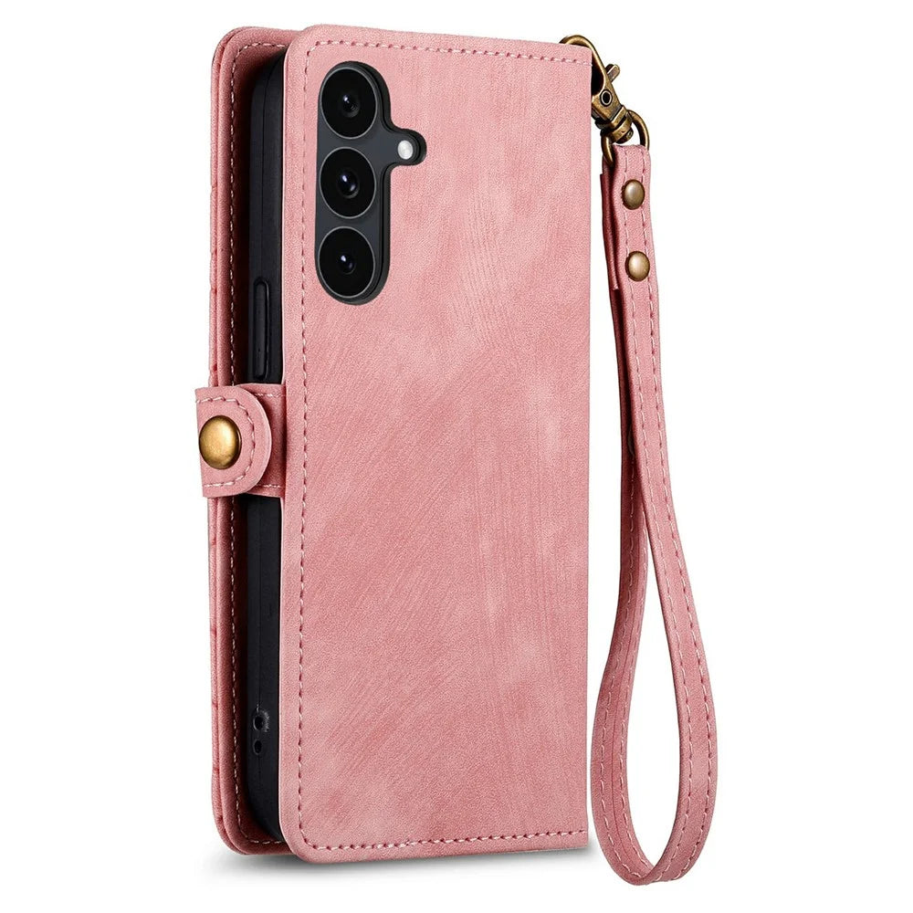 For Samsung Galaxy S26 FE Case Zipper Wallet Geometry Lines Leather Phone Cover with Strap - Pink - 7