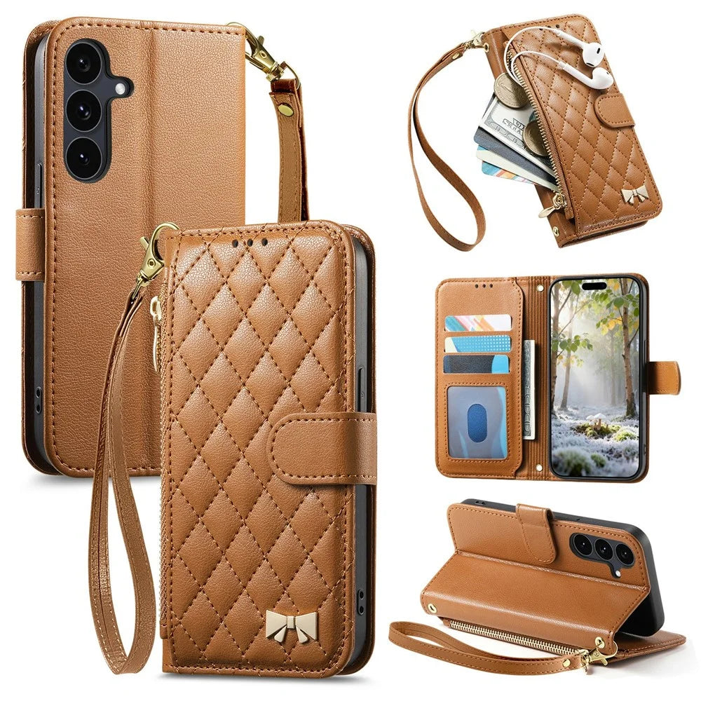 For Samsung Galaxy S26 FE Stand Case Imprint TPU PU Leather Zipper Pocket Wallet Phone Cover with Strap - Brown - 1