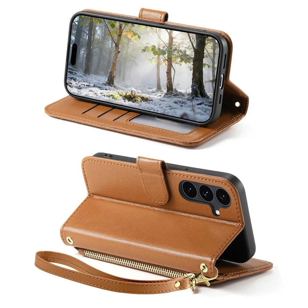 For Samsung Galaxy S26 FE Stand Case Imprint TPU PU Leather Zipper Pocket Wallet Phone Cover with Strap - Brown - 3
