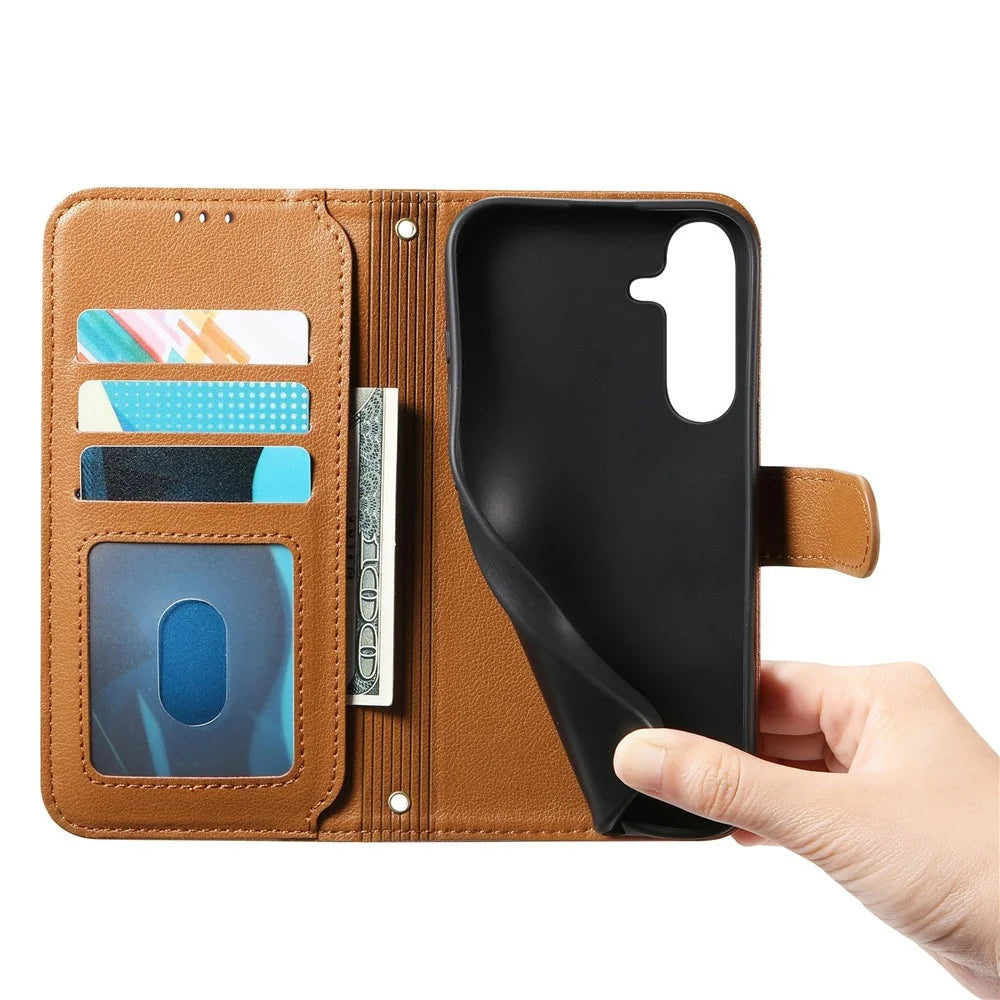 For Samsung Galaxy S26 FE Stand Case Imprint TPU PU Leather Zipper Pocket Wallet Phone Cover with Strap - Brown - 4