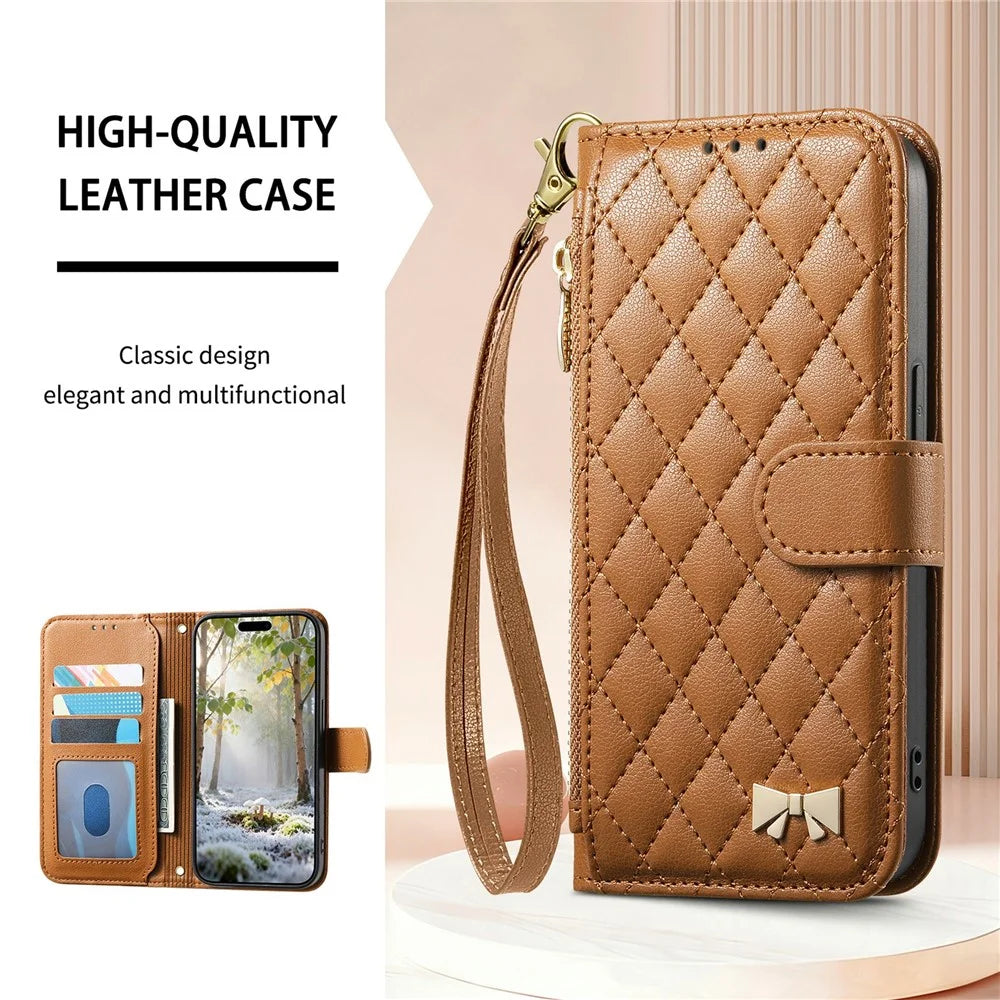 For Samsung Galaxy S26 FE Stand Case Imprint TPU PU Leather Zipper Pocket Wallet Phone Cover with Strap - Brown - 6