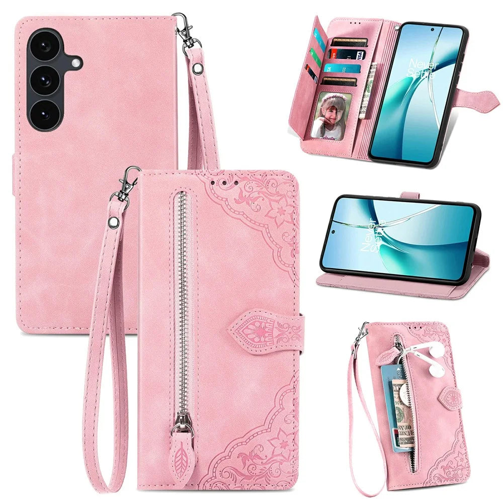 For Samsung Galaxy S26 FE Zipper Wallet Case with Strap Flower Imprint PU Leather Phone Cover - Pink - 1