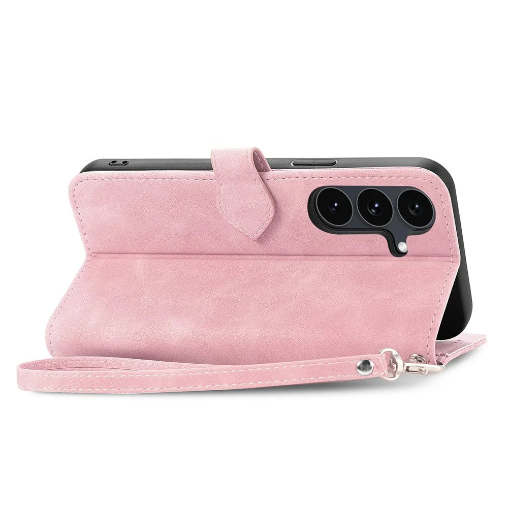 For Samsung Galaxy S26 FE Zipper Wallet Case with Strap Flower Imprint PU Leather Phone Cover - Pink - 4