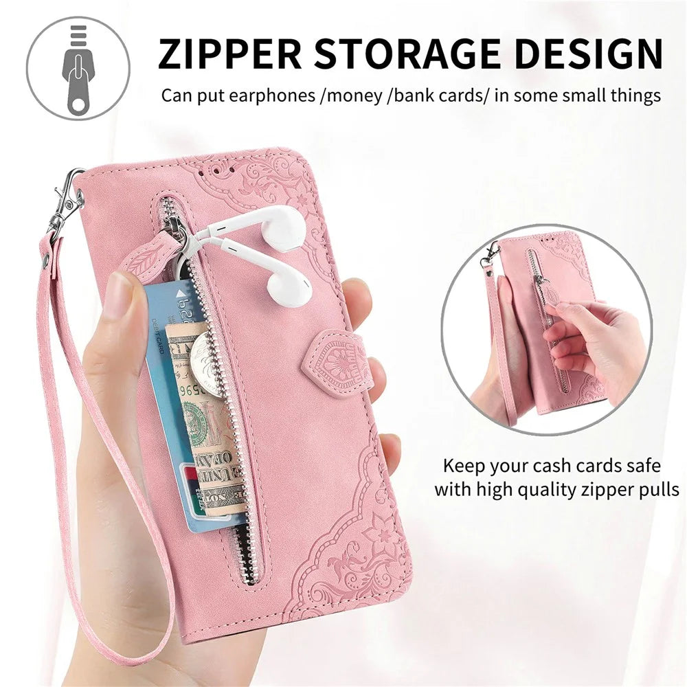For Samsung Galaxy S26 FE Zipper Wallet Case with Strap Flower Imprint PU Leather Phone Cover - Pink - 5