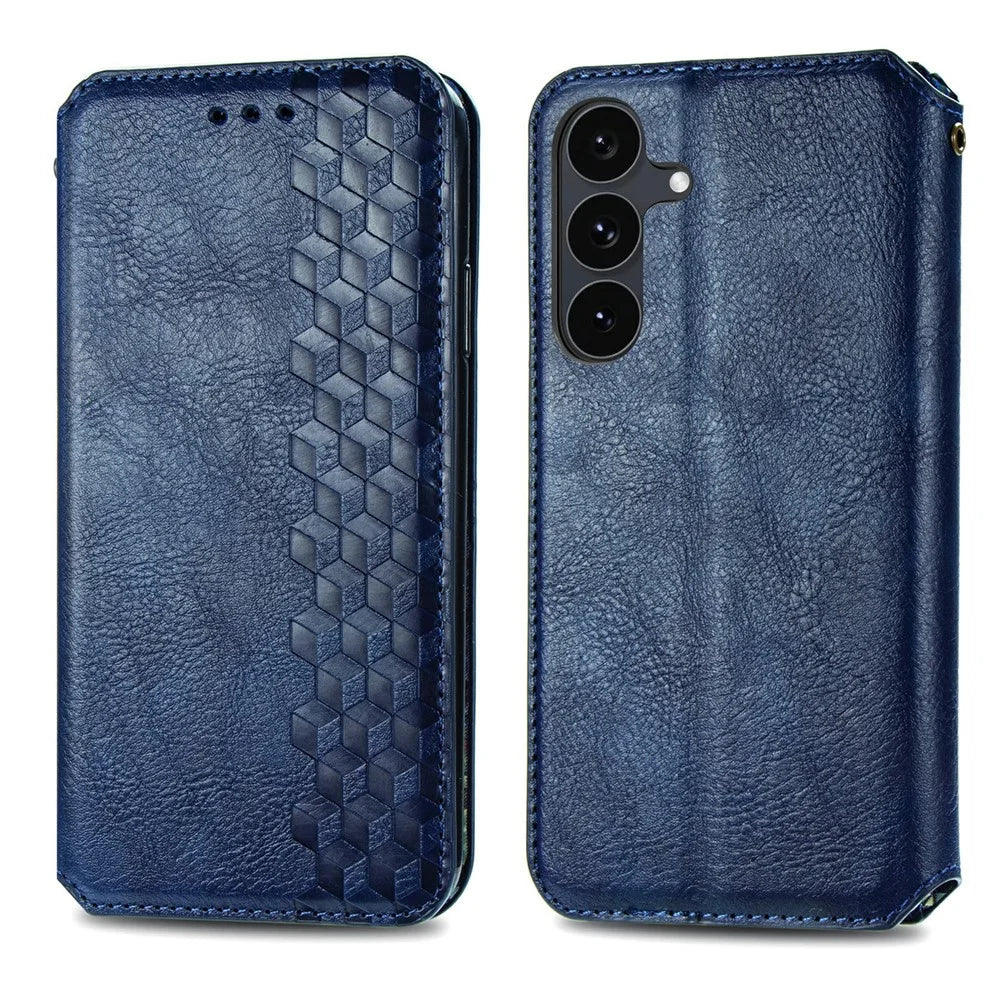 For Samsung Galaxy S26 FE Case Rhombus Imprint PU Leather Wallet Phone Cover - Blue - 1