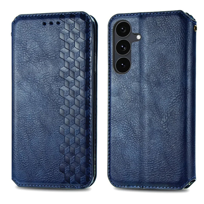 For Samsung Galaxy S26 FE Case Rhombus Imprint PU Leather Wallet Phone Cover - Blue - 1
