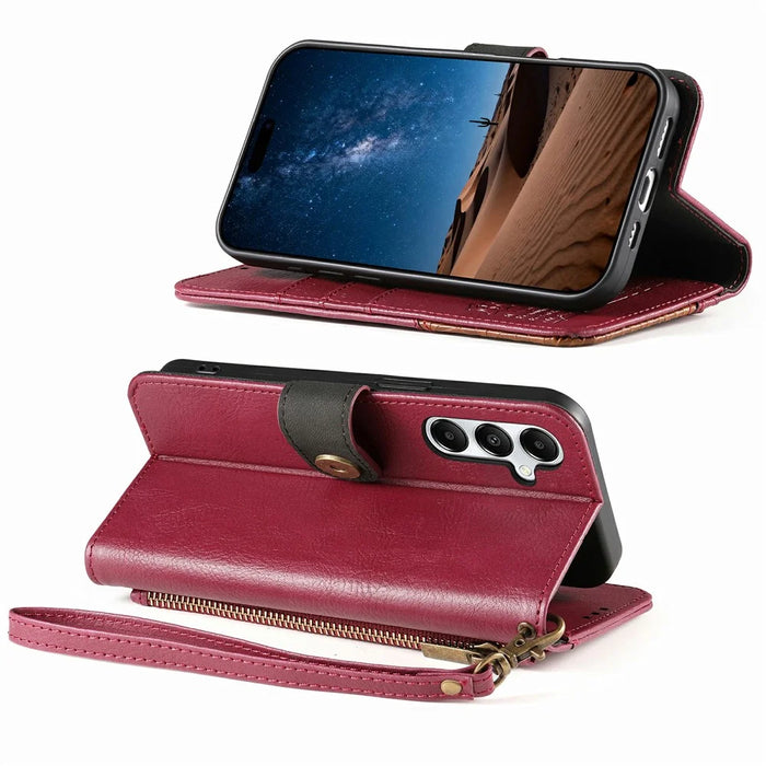 For Samsung Galaxy S26 FE Case Color Splicing TPU PU Leather Flip Shockproof Phone Cover with Wrist Strap - Red - 3