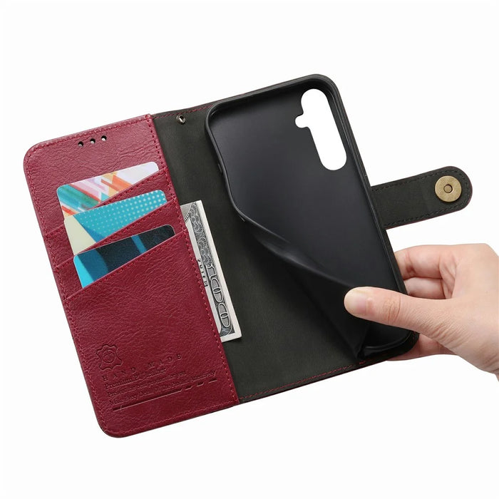 For Samsung Galaxy S26 FE Case Color Splicing TPU PU Leather Flip Shockproof Phone Cover with Wrist Strap - Red - 5