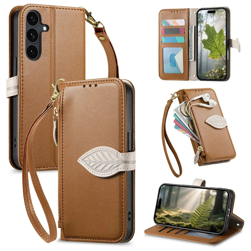 For Samsung Galaxy S26 FE Stand Case Leaf Shape Magnetic Clasp Leather Phone Cover with Hand Strap - Brown - 1
