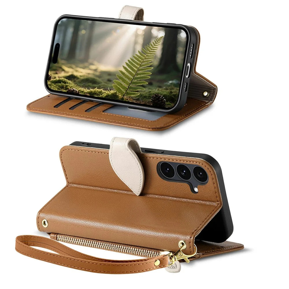 For Samsung Galaxy S26 FE Stand Case Leaf Shape Magnetic Clasp Leather Phone Cover with Hand Strap - Brown - 3