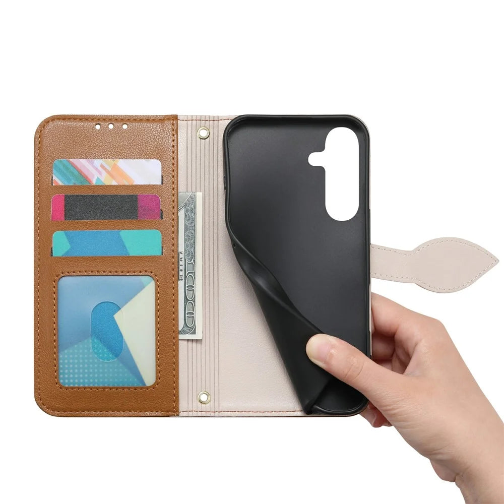 For Samsung Galaxy S26 FE Stand Case Leaf Shape Magnetic Clasp Leather Phone Cover with Hand Strap - Brown - 4