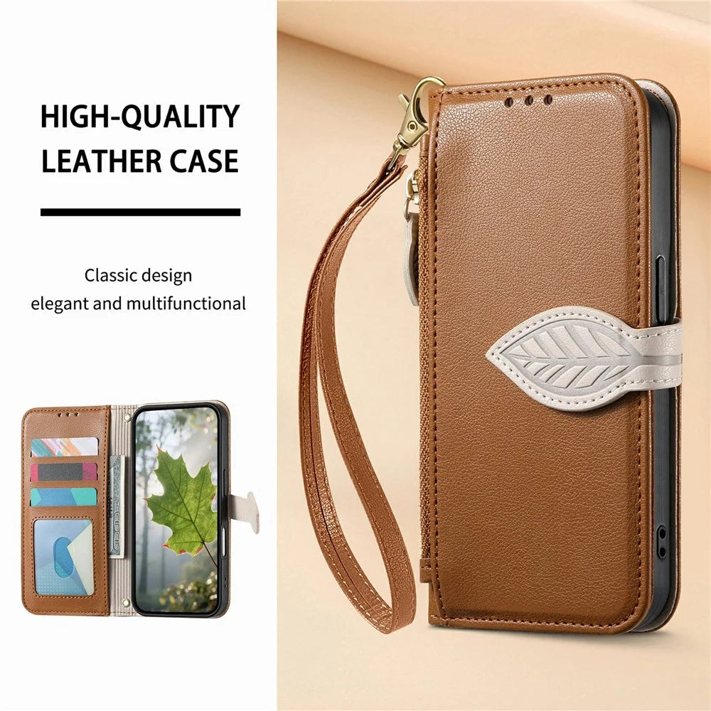 For Samsung Galaxy S26 FE Stand Case Leaf Shape Magnetic Clasp Leather Phone Cover with Hand Strap - Brown - 5