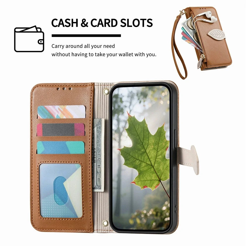 For Samsung Galaxy S26 FE Stand Case Leaf Shape Magnetic Clasp Leather Phone Cover with Hand Strap - Brown - 6