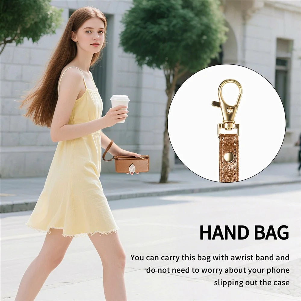 For Samsung Galaxy S26 FE Stand Case Leaf Shape Magnetic Clasp Leather Phone Cover with Hand Strap - Brown - 7