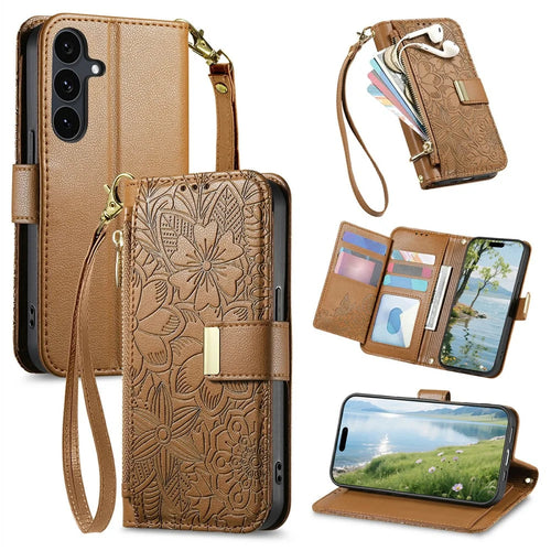 For Samsung Galaxy S26 FE Case Floral Leaf Pattern Multi Card Slots Zipper Leather Phone Cover with Wrist Strap - Brown - 1