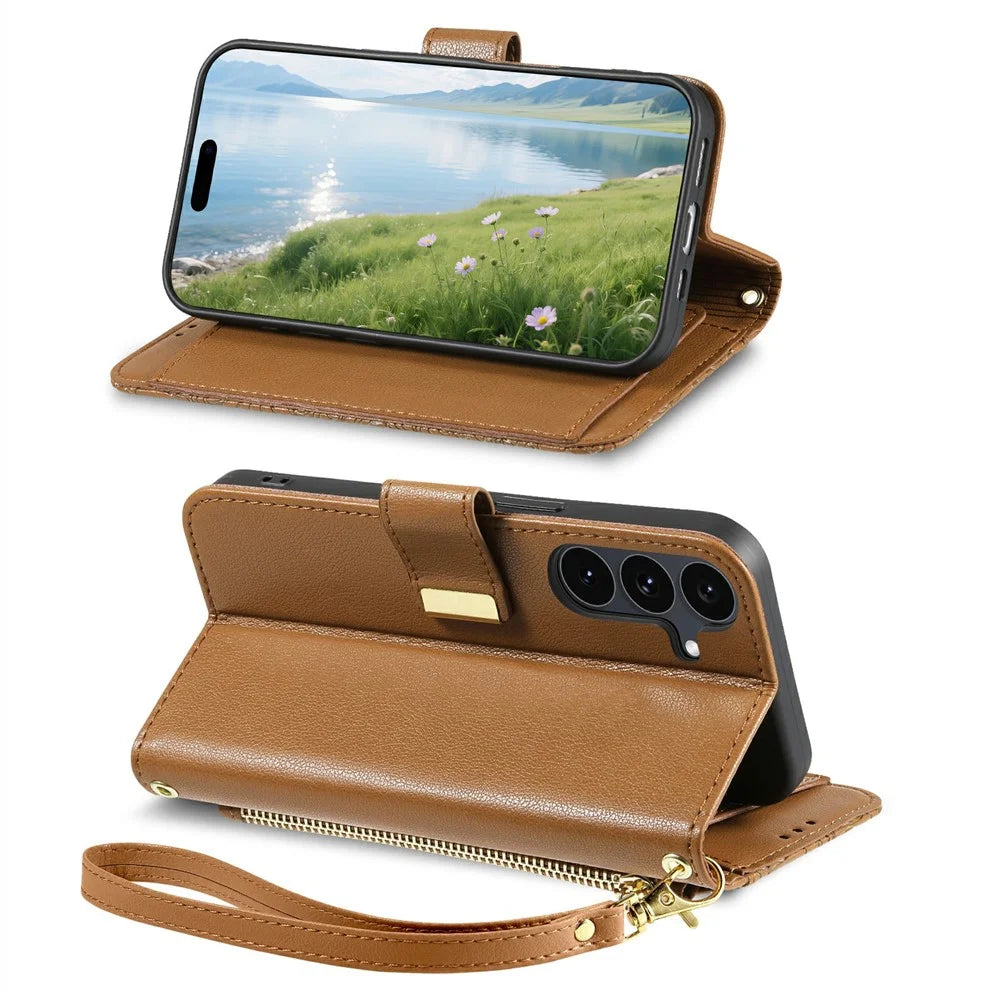For Samsung Galaxy S26 FE Case Floral Leaf Pattern Multi Card Slots Zipper Leather Phone Cover with Wrist Strap - Brown - 3