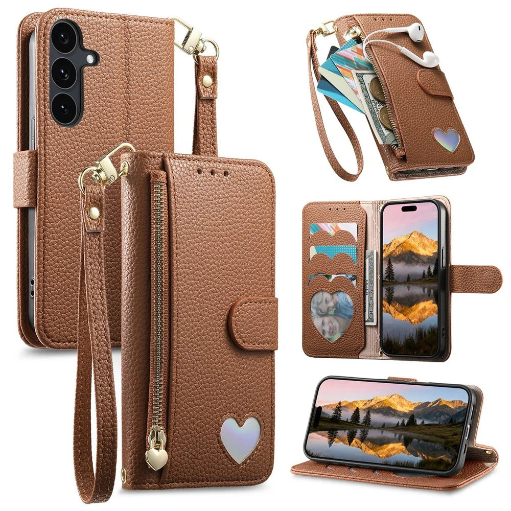 For Samsung Galaxy S26 FE Case Zipper Pocket TPU PU Leather Wallet Phone Cover with Strap - Brown - 1
