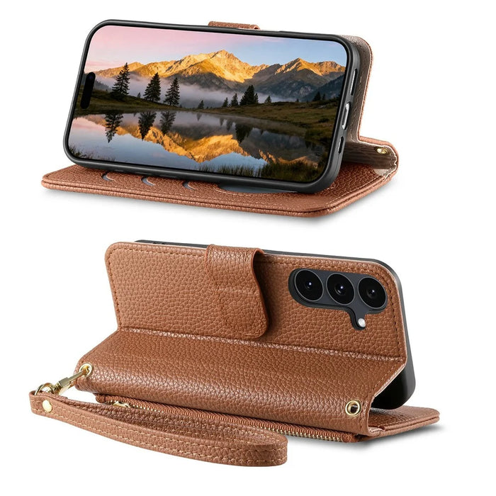 For Samsung Galaxy S26 FE Case Zipper Pocket TPU PU Leather Wallet Phone Cover with Strap - Brown - 2
