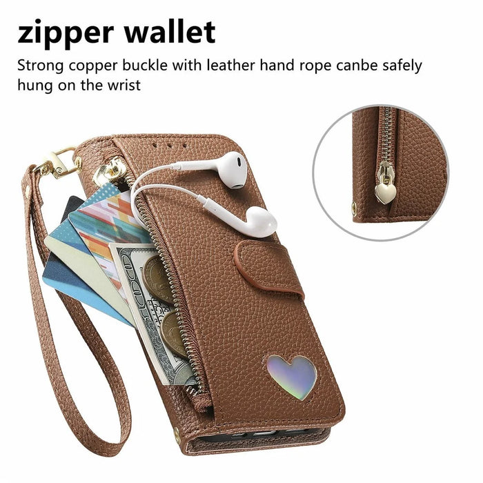 For Samsung Galaxy S26 FE Case Zipper Pocket TPU PU Leather Wallet Phone Cover with Strap - Brown - 4