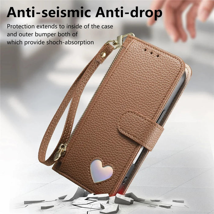 For Samsung Galaxy S26 FE Case Zipper Pocket TPU PU Leather Wallet Phone Cover with Strap - Brown - 6