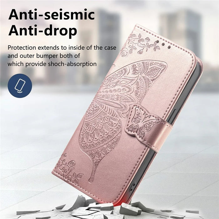For Realme C83 5G Case with Strap Butterfly Pattern PU Leather Wallet Phone Cover - Rose Gold - 5