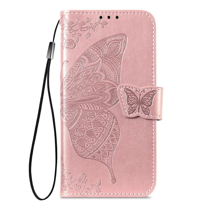 For Realme C83 5G Case with Strap Butterfly Pattern PU Leather Wallet Phone Cover - Rose Gold - 6